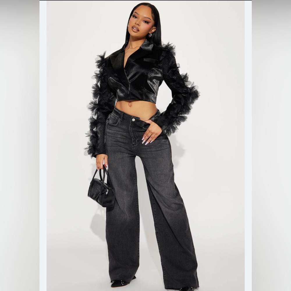 Black Feather Trim Cropped Jacket